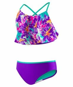 Speedo Girls Jungle Floral Ruffle Purple 2-PC